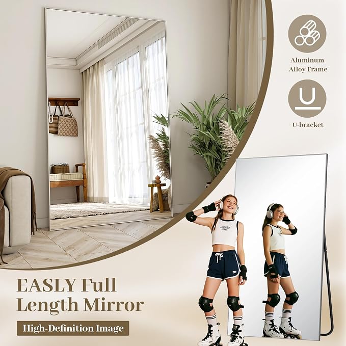 Easly Full Length Mirror with Stand 46"x76" Full Body Mirror Floor Mirror Standing Hanging or Leaning Wall, Wall Mirror with Stand Aluminum Alloy Frame for Living Room Bedroom Cloakroom,Silver