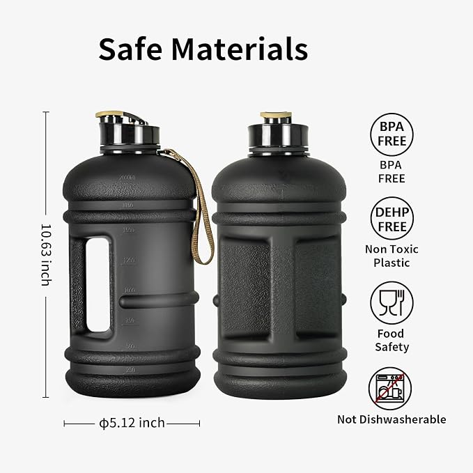 TOOFEEL 2 Liter Water Bottles - Half Gallon Water Bottle BPA Free - Ideal for Gym, Big Water Jug, Reusable Sports Bottle with Measurements Marked Drink Container (2.2L 74oz Matte Black Water Jugs) | Half Gallon