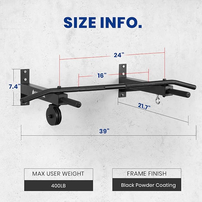 LIONSCOOL Multifunctional Wall Mounted Pull Up Bar with Pulley System, 48" and 16"/24" Multi-Grip Chin Up Bar, Cable Pulley Attachments Included, Perfect for Upper Body Workouts