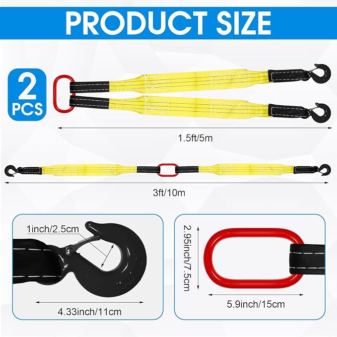 2 Pack Lifting Slings Straps with Hooks Web Slings Capacity Polyester Bridle Sling Heavy Duty Two Leg Lifting Straps for Engines Cranes Hoists Truck (5.5ft,Yellow)