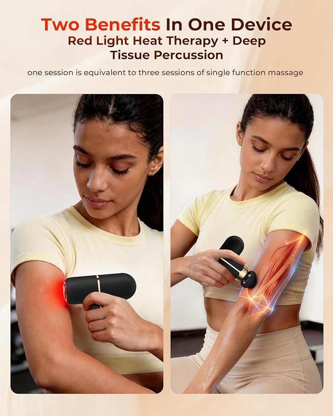 Super Mini Massage Gun with Heat & Red Light, 0.48 lb Travel Massage Gun | Palm-Sized Deep Tissues Percussion Muscle Massager 4 Heads 4 Speeds Compact Ultra-Quiet Type-C Charging for Home Office Black
