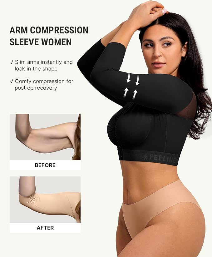 FeelinGirl Arm Compression Sleeve Women Post Arm Lipo Shaper | Front Closure, Compression Bra with Sleeves, Breast Lift, Back Smooth, Post Augmentation Lymphedema Recovery
