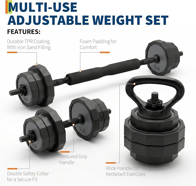 Garvee Adjustable Dumbbells Set 45/65/85 Lbs, 3 In 1 Weight Dumbbell Set | Adjustable Free Weights Set Used As Kettlebells, Barbells, Dumbbells with Barbell Connector & Kettlebell for Home Gym