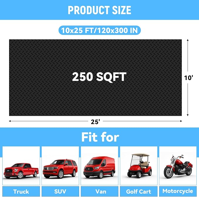 10x25 FT Garage Floor Mat, 2.8mm Thickened Diamond Plate | PVC Flooring Roll for Under Car/Garage/Warehouse/Basement/Gyms/Trailer, 250 SQFT Garage Mat, Tapes Included, Black