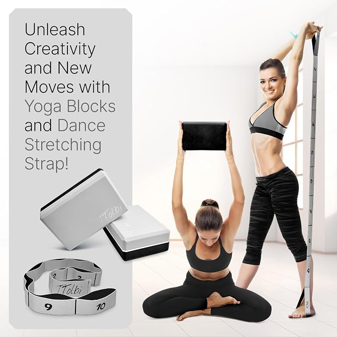 Yoga Blocks 2 Pack with Strap and Guide – Soft Non-Slip EVA Foam Blocks | High-Density Pilates Blocks for Home Workouts, Dance, Ballet, Gymnastics & Stretching Exercise, Dance Accessories and Gifts