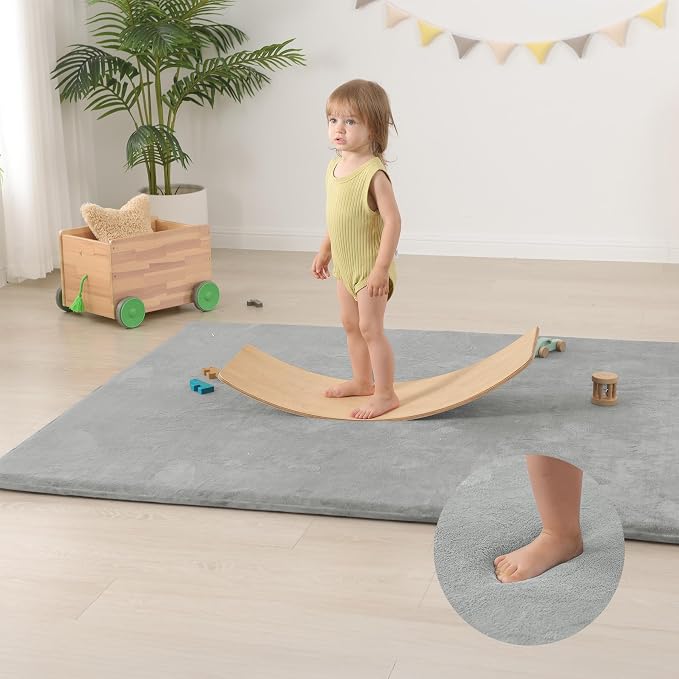 Huloo Sleep Baby Play Mat for Floor,1.3" Thick Elasti-Foam 50"×74" Playpen Mat for Tummy Time,Water Repellent Soft Coral Velvet for Toddler,Infant,Kids,Non-Slip Backing Safe for Crawling(Light Grey)