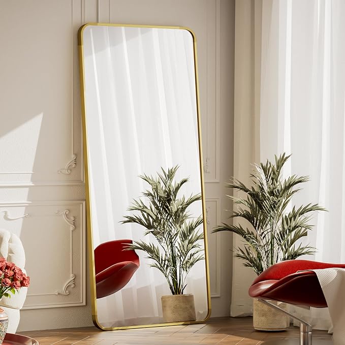 BEAUTYPEAK 65" x 24" Rounded Corner Full Length Mirror with Stand, Gold | Aluminum Alloy Frame with Standing, Leaning, or Wall-Mounted, Ideal for Bedroom, Dressing Room, Entryway, and Living Room