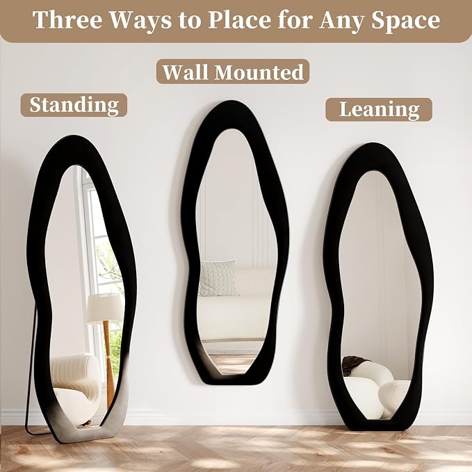 Full Length Mirror, 71"x30" Flannel Floor Mirrors with Stand | Irregular Wavy Mirror, Full Body Tempered Glass Mirror Hanging or Leaning Wall for Bedroom Living Room, Black