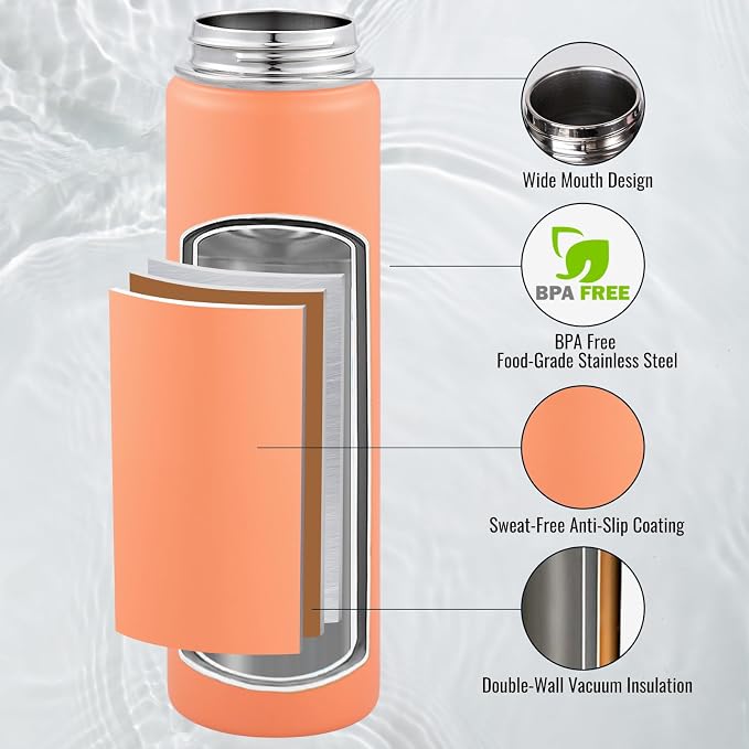 Fijinhom Insulated Water Bottle with Handle, 304 Stainless Steel Water Bottles with Wide Mouth, Double Wall Vacuum Sports Water Bottle, BPA Free, Keep Cold and Hot, 24 Ounces, Coral