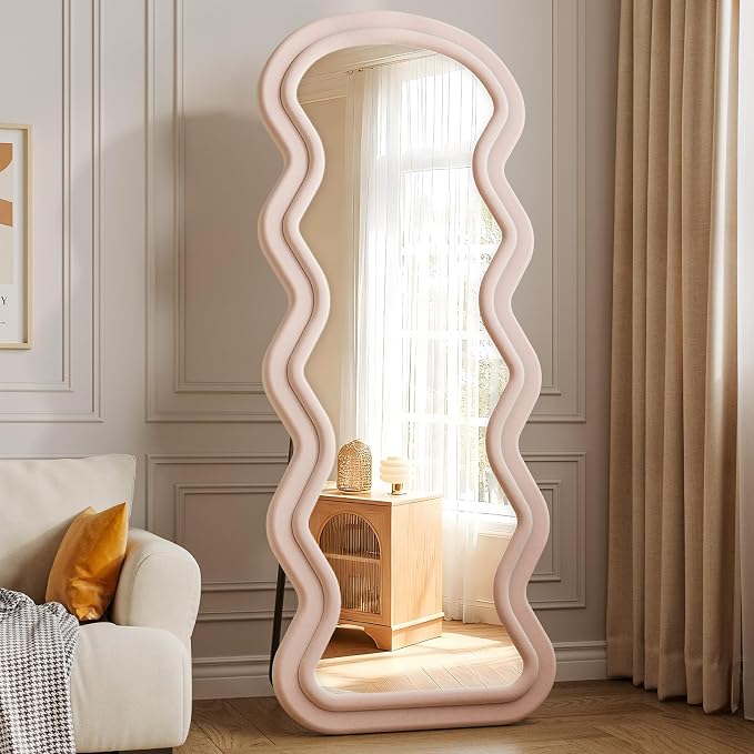 Full Length Mirror, 63"x24" Wavy Full Body Mirror Flannel | Full Body Mirror with Stand, Flannel Mirrror Bedroom and Living Room, Wall Mirror Hanging or Leaning, White