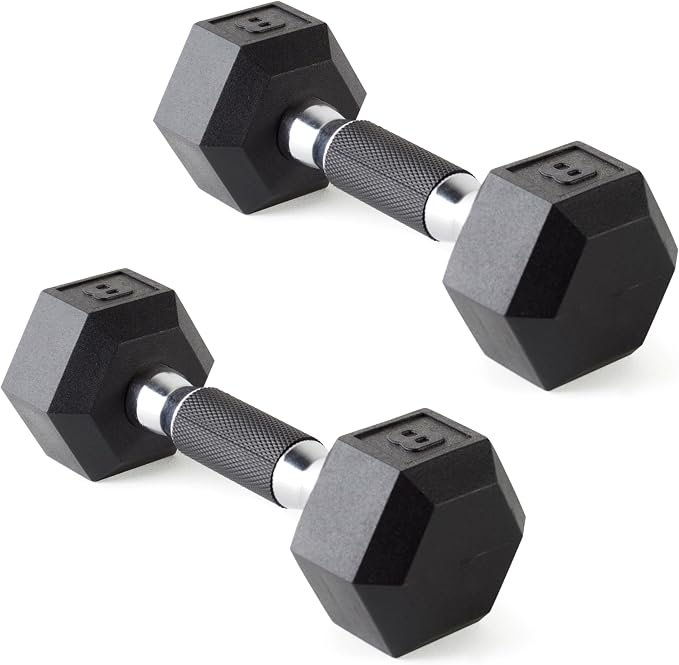 CAP Rubber Coated Dumbbell Weights, Free Weights for Home Gym Strength Training, Anti-Roll Hex Dumbbells with Black, Chrome & Comfort Grip Handles, Pairs & Sets