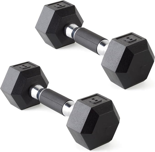 CAP Rubber Coated Dumbbell Weights, Free Weights for Home Gym Strength Training, Anti-Roll Hex Dumbbells with Black, Chrome & Comfort Grip Handles, Pairs & Sets