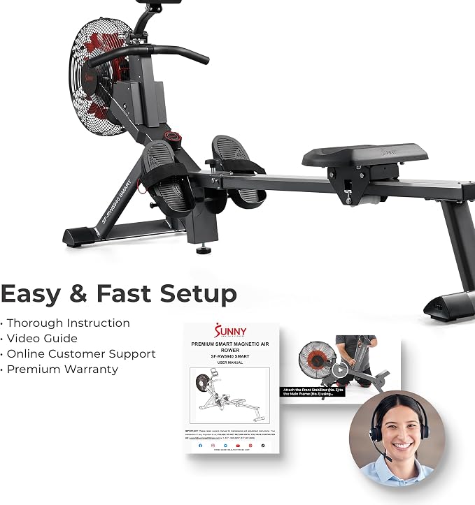 Sunny Health & Fitness Air Rowing Machine, Space-Saving Rower with Long Rail and Upright Storage for Home Gym, Full-Body Cardio Workout, Free SunnyFit Training App