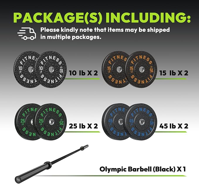 HANDBODE Olympic Barbell Set, 2-Inch Bumper Plates with Weight Plate Rack | Colored Crumb Rubber Weight Plates for Weight Lifting & Strength Training, 90–530 lb Set with 45 LB (20 kg) Olympic Barbell