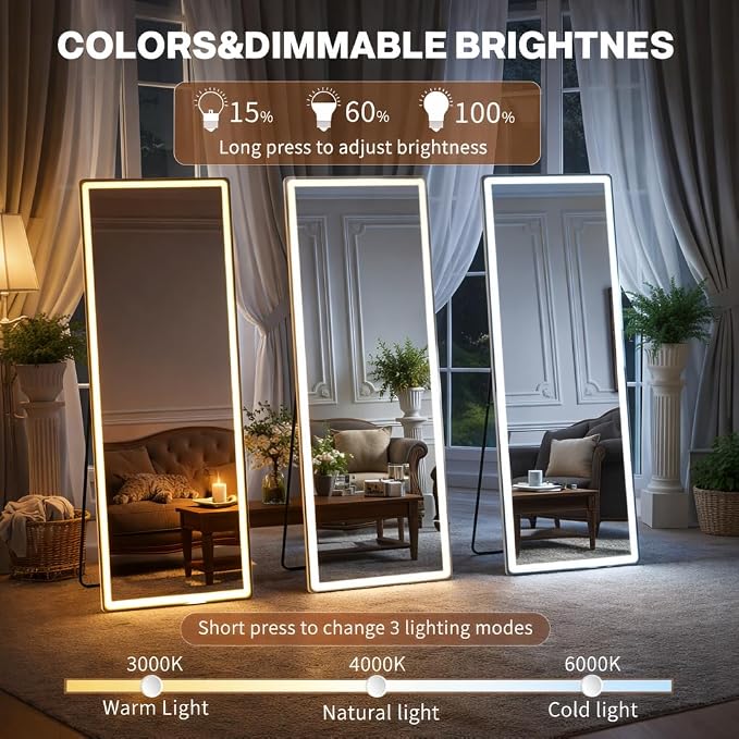 Full Length Mirror with Lights, 71" x 26" LED Floor Mirrors, Full Body Dressing Standing Mirrors with Dimming & 3 Color Lighting, Hanging Mounted Mirror for Living Room Bedroom Cloakroom