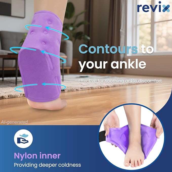 REVIX Foot Ice Pack Wrap, All-in-One Wearable Design, Purple | Ankle Ice Wrap with Flexible Gel Design, Adjustable One-Size Fit for Achilles Tendonitis, Sprained Ankle and Swelling