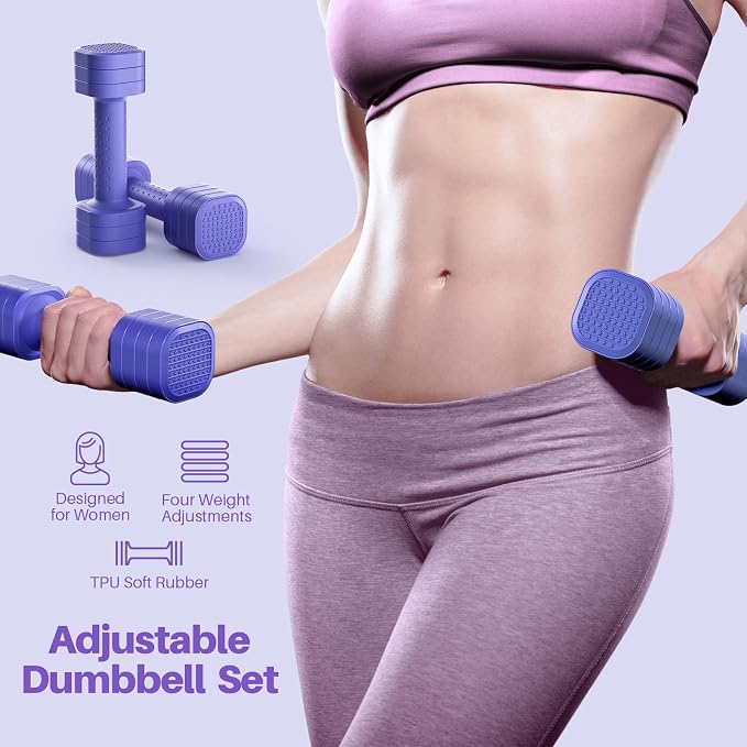 Zempox Hand Weights for Women at Home 2-5 lb Light Adjustable Dumbbells Set | Adjustable 2-5 lb(A Pair 4lb 6lb 8lb 10lb), 4-in-1 Design, TPU Soft Grip, Quick Weight Change, Compact for Home, Gym, Office