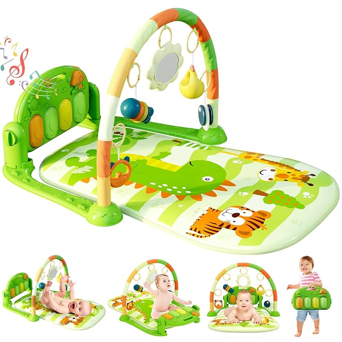 dearlomum Green Dinosaur Theme Baby Play Mat Gym with Kick & Play Piano | Tummy Time Activity Mat with 5 Infant Sensory Toys, Music and Lights, Boy & Girl Gifts for Newborns 0 to 3 6 9 12 Months