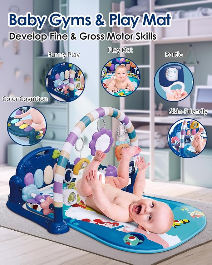 dearlomum Blue Tiger Baby Play Mat Gym with Piano & 2 Baby Book Toys | Tummy Time Activity Mat with 5 Infant Sensory Toys, Music and Lights, Boy & Girl Gifts for Newborns 0 to 3 6 9 12 Months