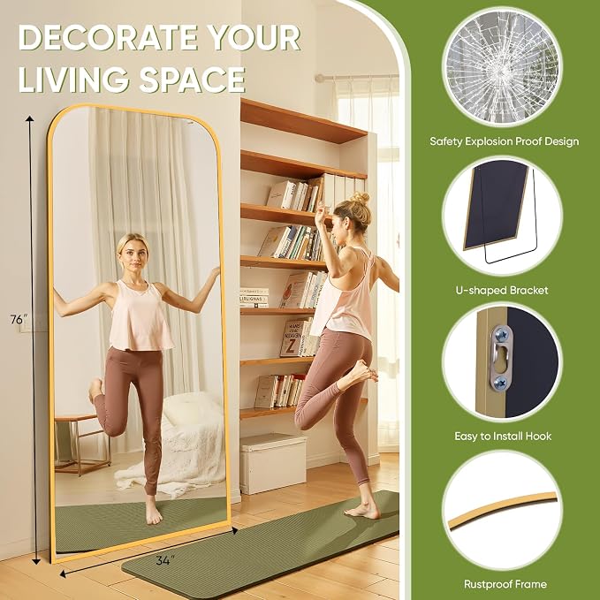 Full Length Mirror with Stand 76"x34" Floor Mirror Freestanding, Arched Floor Standing Large Mirrors Full Body Wall Hanging Leaning Home Decor for Bedroom & Living Room, Gold