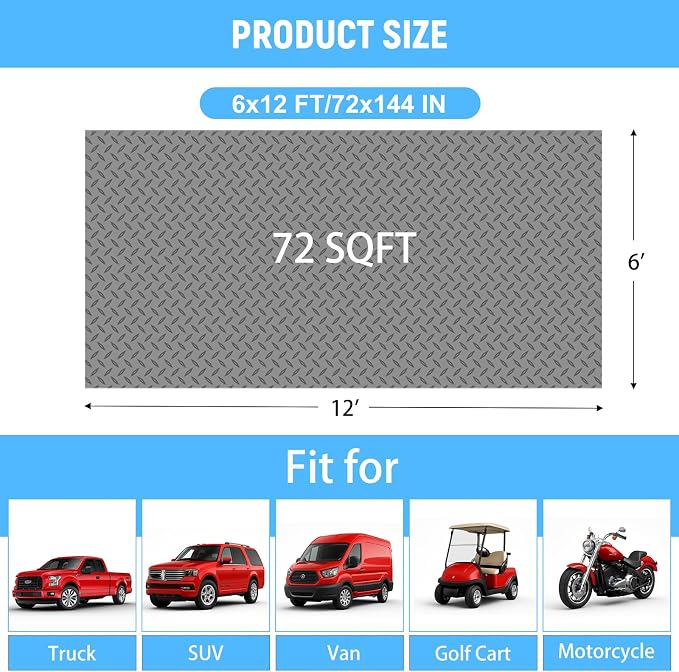 6x12 FT Garage Floor Mat, 2.8mm Thickened Diamond Plate | PVC Flooring Roll for Under Car/Golf Cart/Motorcycle, Garage Mat for Warehouse/Basement/Gyms/Trailer, Tapes Included, Gray