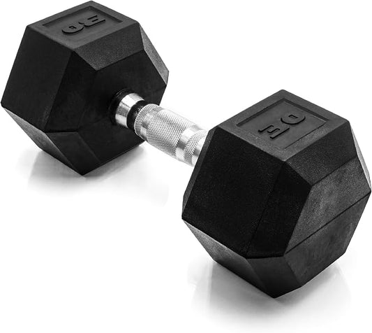 CAP Rubber Coated Dumbbell Weights, Free Weights for Home Gym Strength Training, Anti-Roll Hex Dumbbells with Black, Chrome & Comfort Grip Handles, Singles