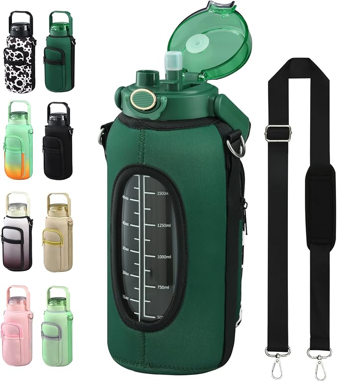 chunmo Half Gallon 64oz Glass Water Bottle with Straw and Storage Sleeve Motivational Water Bottle with Strap and Time to Drink 2L Leakproof Reusable Water Jug for Fitness Gym and Outdoors