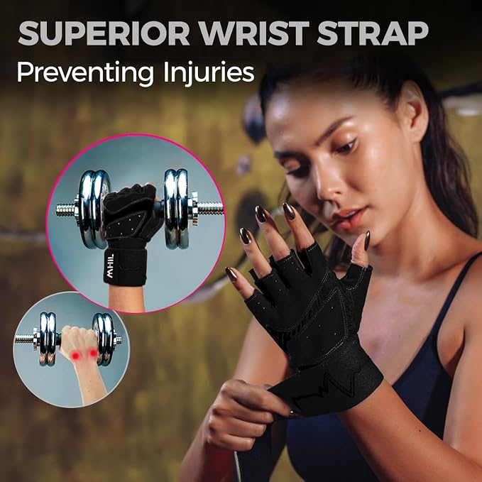 MhIL Workout Gloves for Women – Breathable Gym Gloves for Women with Palm Protection and Enhanced Grip – Padded Weight Lifting Glove for Womens with Wrist Wraps Support Weightlifting Exercise Cycling