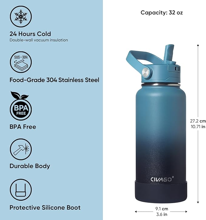 CIVAGO 32 oz Insulated Stainless Steel Water Bottle with Removable Straw | Large Leakproof Metal Water Jug, Sports Thermal Flask Cup with Bucket Handle, Silicone Boot, Dishwasher Safe, Dark Rainbow