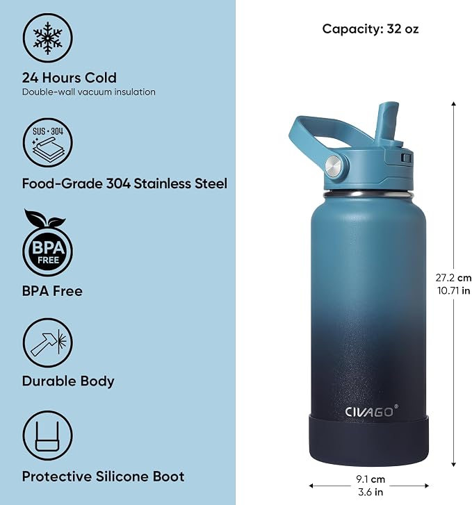 CIVAGO 32 oz Insulated Stainless Steel Water Bottle with Removable Straw | Large Leakproof Metal Water Jug, Sports Thermal Flask Cup with Bucket Handle, Silicone Boot, Dishwasher Safe,Army Green