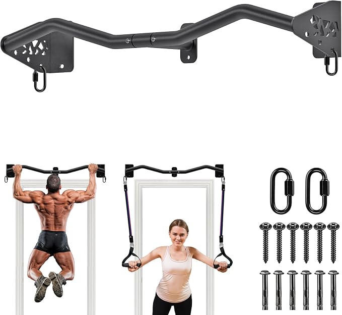 Kipika Wall Mounted Pull Up Bar - Heavy Duty 500 LB Capacity Doorway Chin Up Bar for Home Gym, Sturdy Steel Construction with Resistance Band Hooks | Hanging Exercise Bar for Full Body Workout