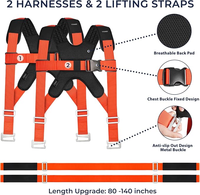 Ytonet Furniture Moving Straps for Lifting with Back Support, Round Sling | 2-Person Lifting and Moving System, Appliance Shoulder Lifting Straps for Sofa, Mattress, Refrigerator, 135 inches Long