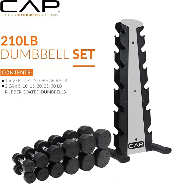 CAP Rubber Coated Hex Dumbbell Set with Storage Rack | 100–210 lb Options, Space-Saving Vertical Compact Storage for Home Gym Strength Training