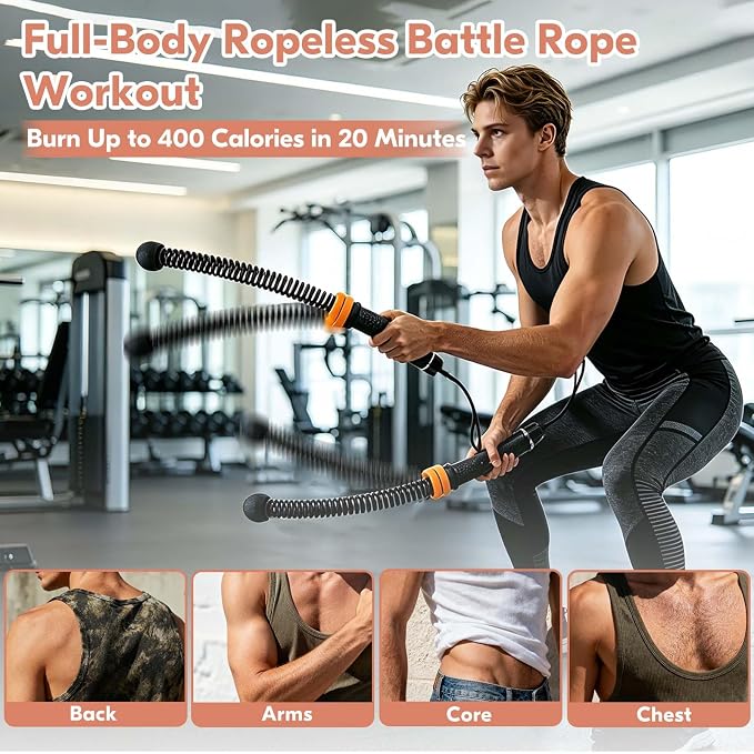 Cordless Battle Ropes for Home Gym – Adjustable Weighted Ropeless Ropes with Non-Slip Handles & Gloves, Portable No-Anchor-Point Workout for HIIT, Strength, Low-Impact Cardio, Men & Women