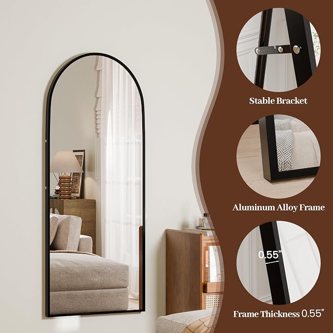 56"×18" Full Length Mirror, 2 Pcs Shatterproof Tempered Glass Floor Mirror, Alum Alloy Thin Frame Standing Mirror with Freestanding/Leaning/Wall Mount for Bedroom, Living Room & Entryway, Black