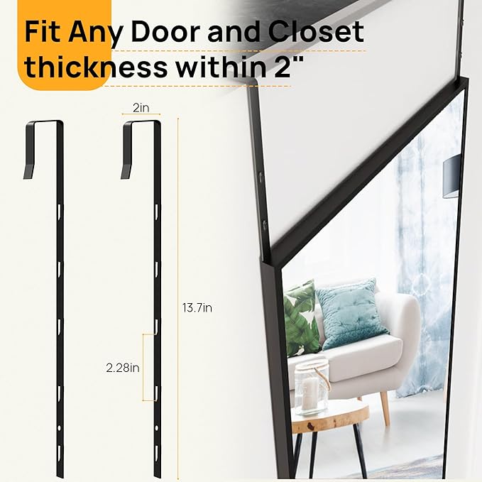 Black Arched Over The Door Mirror for Hanging, 47x14 Full Length Mirror | No Drill Door Hanging Setup for Closet, Bedroom Decor, Room Decor and Apartment Styling, Shatter-proof Glass