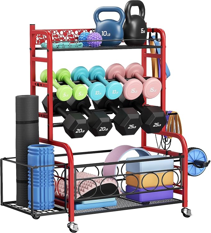 VOPEAK 3-Tier Dumbbell Rack with Wheels, Weight Rack for Home Gym Storage | Stores dumbbells, kettlebells & yoga mats. Lockable wheels for mobility. Sturdy steel frame, easy 15-min assembly