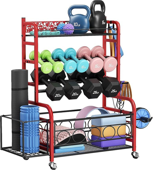 VOPEAK 3-Tier Dumbbell Rack with Wheels, Weight Rack for Home Gym Storage | Stores dumbbells, kettlebells & yoga mats. Lockable wheels for mobility. Sturdy steel frame, easy 15-min assembly