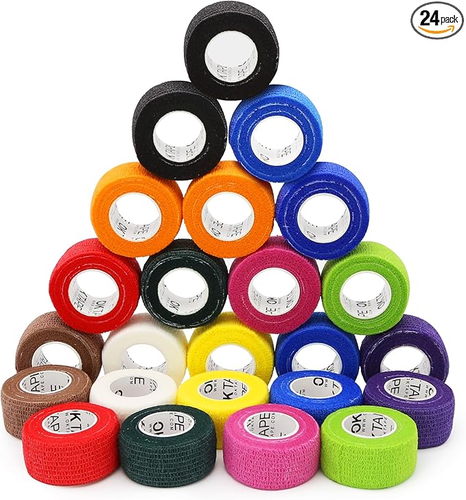OK TAPE Self Adherent Cohesive Bandages Wrap 24Packs 1" x 5 Yards | Non-Woven Elastic for Thumb Finger Wrist Ankle Self Adhesive Bandage Wrap Breathable Vet Wrap Bandages Tape (Mixed Colors)