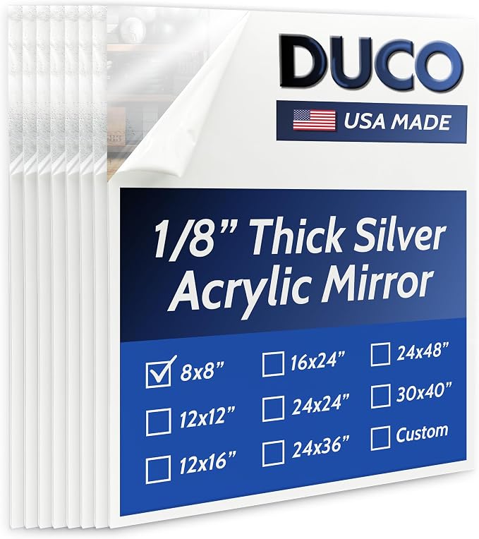 Duco USA-Made Acrylic Mirror Sheet 1/8 Inch Thick 8" x 8" (with Adhesives) - Pack of 8 Silver Frameless Plastic Mirror for Walls, Home Gyms, Bathrooms, & More - Shatter-Proof Mirrored Plexiglass