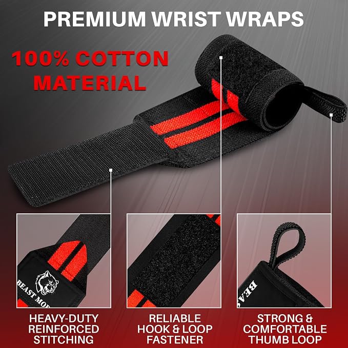 TECEUM Elastic Cotton Weightlifting Wrist Wraps with Thumb Loops, 1 Pair