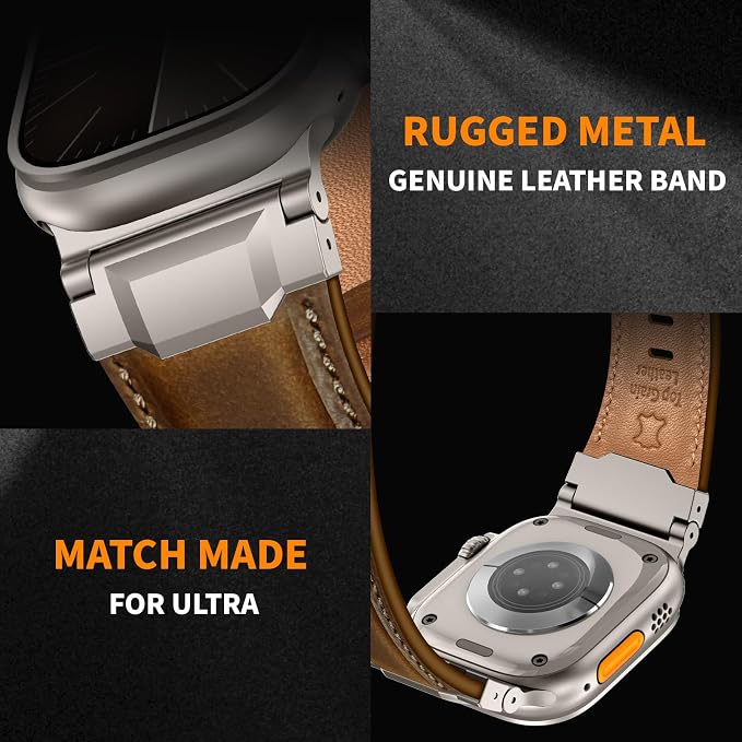 Bands Compatible with Apple Watch Ultra 3/2/1 Band 49/46/45/44mm | Genuine Leather Metal Connector Strap for iWatch Ultra Series 11/10/9/8/7/SE/6/5/4/3/2/1, Retro Walnut/Titanium