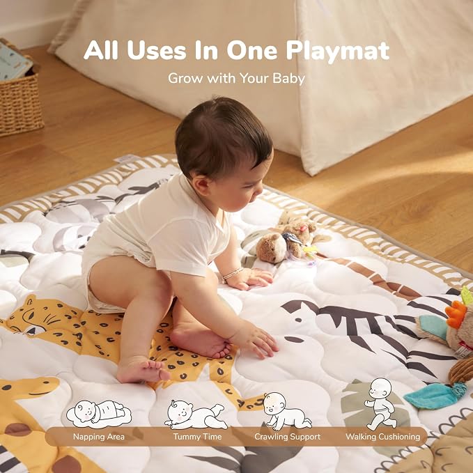 Momcozy Baby Play Mat for Floor, 50"x50" Thickened Playpen Mat | Playmate for Baby Tummy Time, Waterproof & Non-Slip, Foldable Outdoor Mat with Carrying Handle, Wild Parade
