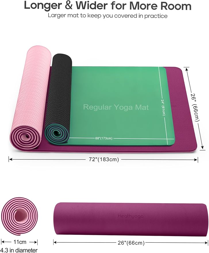 Heathyoga Yoga Mat Non Slip TPE Pilates Exercise Mats for Home Workout Gym Fitness Eco Friendly Thick Hot Yoga Mat with Strap Body Alignment,72"x 26" Thickness 1/4"