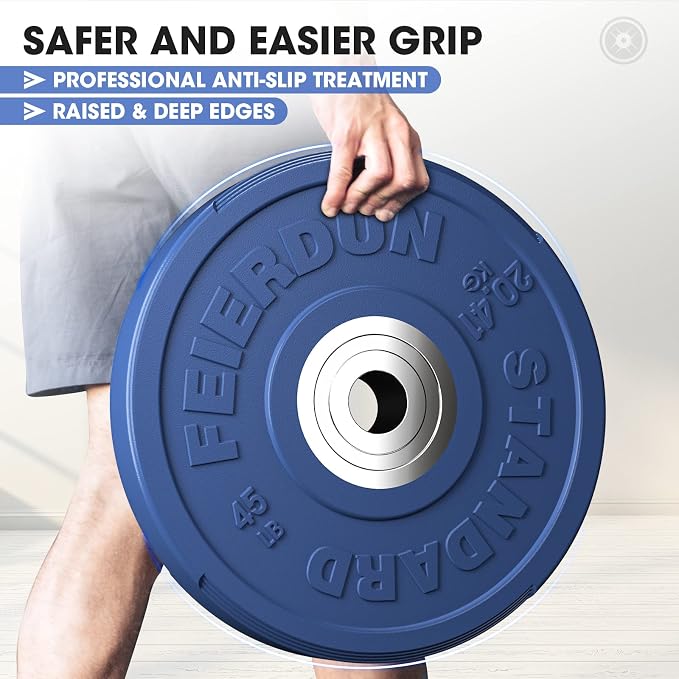 FEIERDUN Color Bumper Plate Set, 2-Inch Olympic Weight Plates, Low Bounce Rubber Barbell Plates with Stainless Steel Insert for Weightlifting, Strength Training, CrossFit & Home Gym, 10LB-370LB