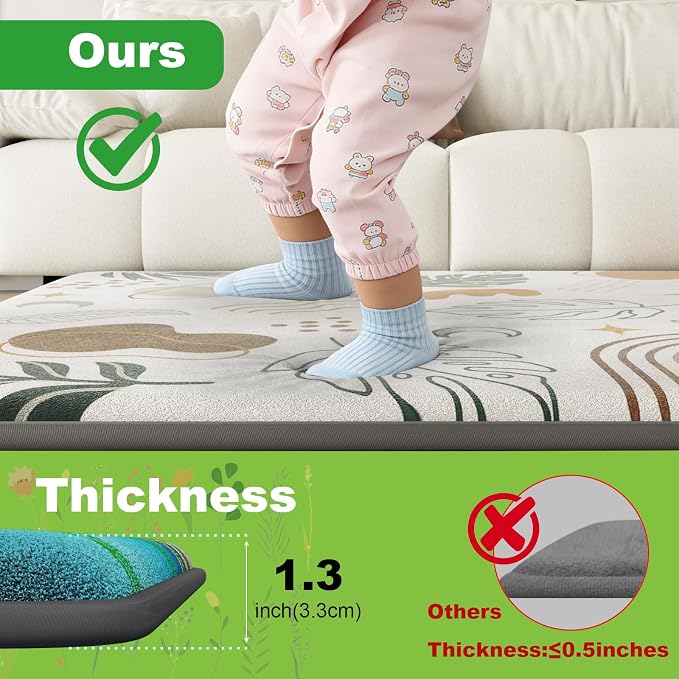 1.3" Thick Baby Play Mat for Floor, Elasti-Foam 71x59 Playpen Mat, Water Repellent Ultra Soft Coral Velvet Tummy Time Crawling Mats for Kid Toddlers Infants, Non-Slip Backing Safe for Earth Tones