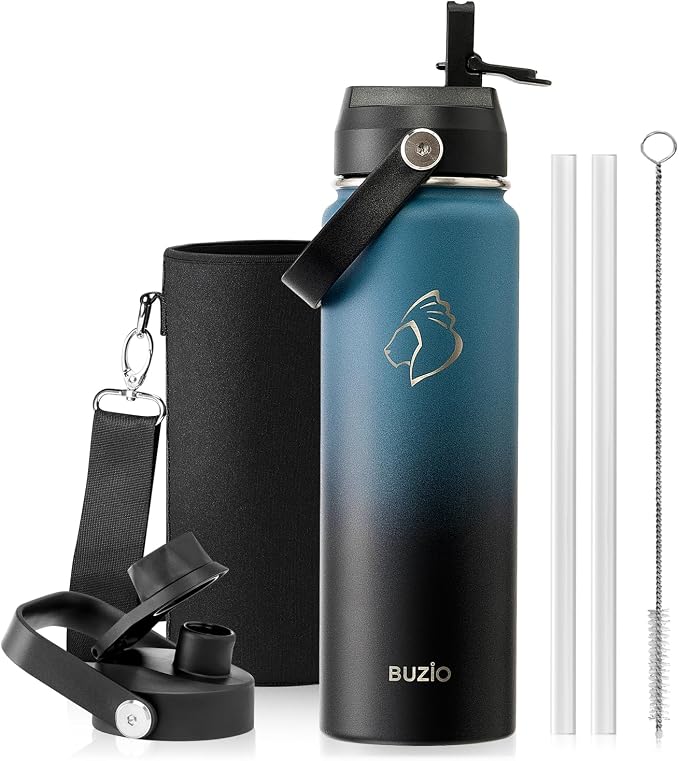 BUZIO 24 oz Insulated Stainless Steel Water Bottle with Straw & Spout Lids | Triple Wall Insulated Tumbler (Dishwasher Safe) ,Cold for 48 Hrs, Wide Mouth, Leakproof, BPA-free, for Sports, Gym, School