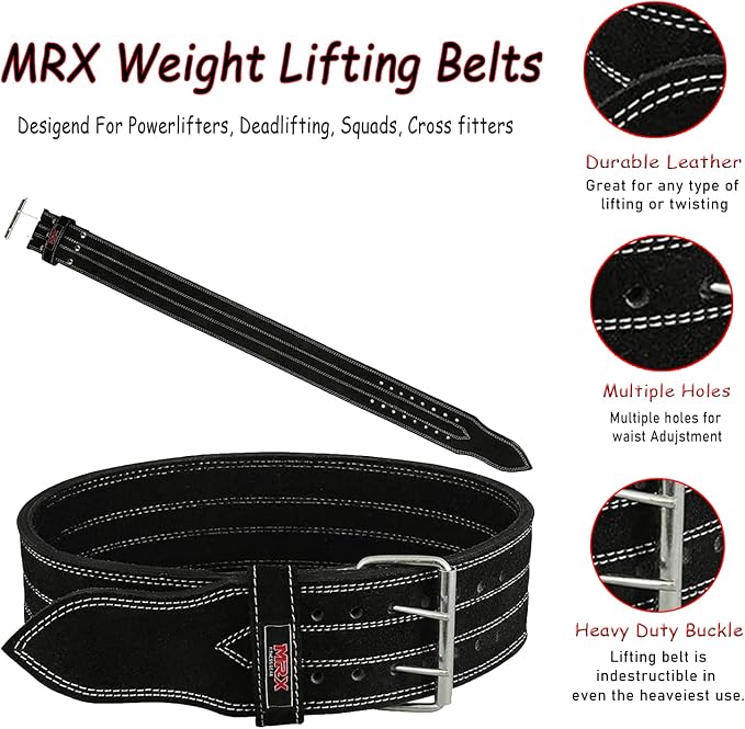 MRX Powerlifting Leather Belt 4" Wide 10mm Thickness Training Fitness Back Support Bodybuilding Belts with Steel 2 Prong Buckle