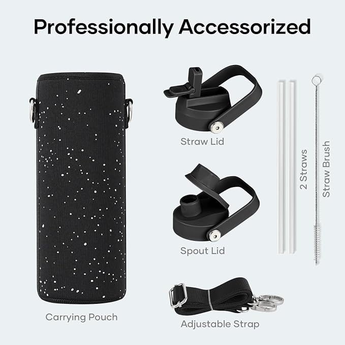 BUZIO 24 oz Insulated Water Bottle, Stainless Steel Wide Mouth Water Flask with Straw Lid, Cold for 48 Hrs Leak Proof Metal Hydro Thermo Canteen Mug, Starry Day & Night