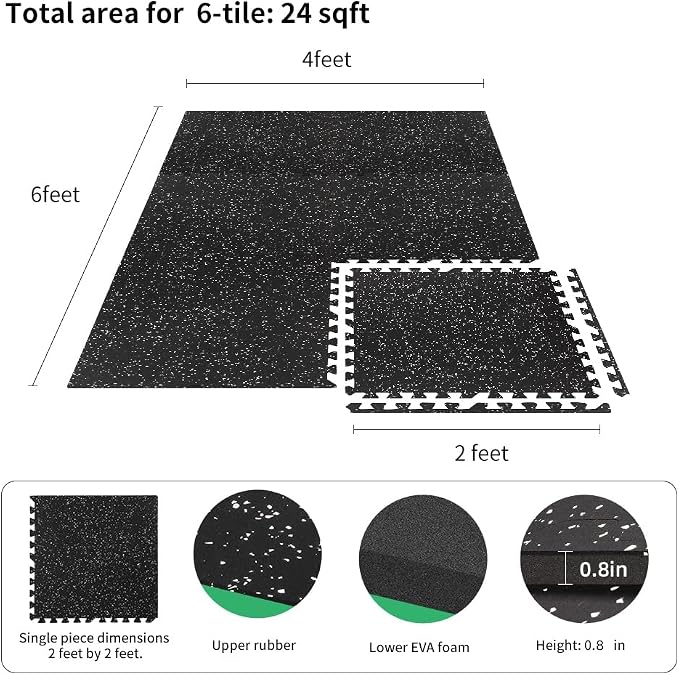 0.8in Thick 24 Sq Ft Gym Flooring for Home Gym, 6 Tiles Workout Exercise Equipment Mats, Rubber Top with EVA Foam, Interlocking Puzzle Floor Tiles for Fitness Room, Protective Flooring Mat